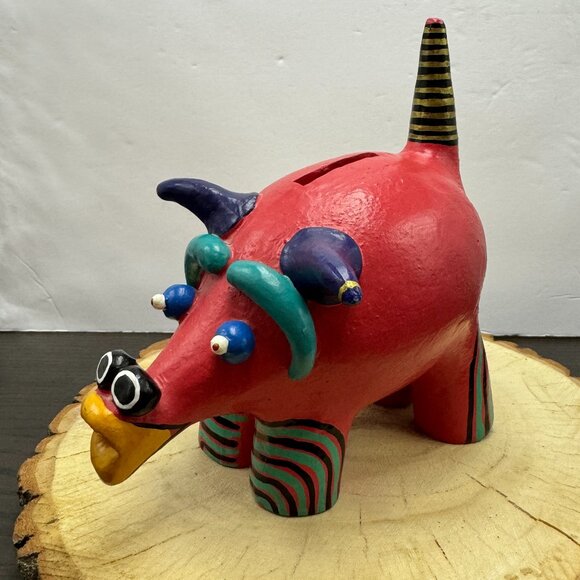 Fun Coin Bank by Giggles Pig Boar Bull Wood Red - Picture 2 of 8